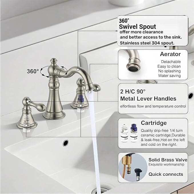 8 Inch Two-Handle Widespread Bathroom Faucet with Pop up Drain, Brushed Nickel Bathroom Sink Faucet 3 Hole,High Arc Swivel Spout Lavatory Faucet,F-8805-BN