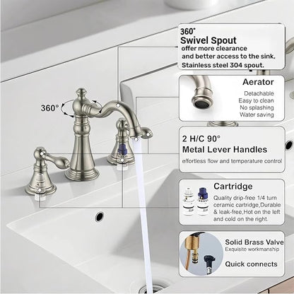 8 Inch Two-Handle Widespread Bathroom Faucet with Pop up Drain, Brushed Nickel Bathroom Sink Faucet 3 Hole,High Arc Swivel Spout Lavatory Faucet,F-8805-BN