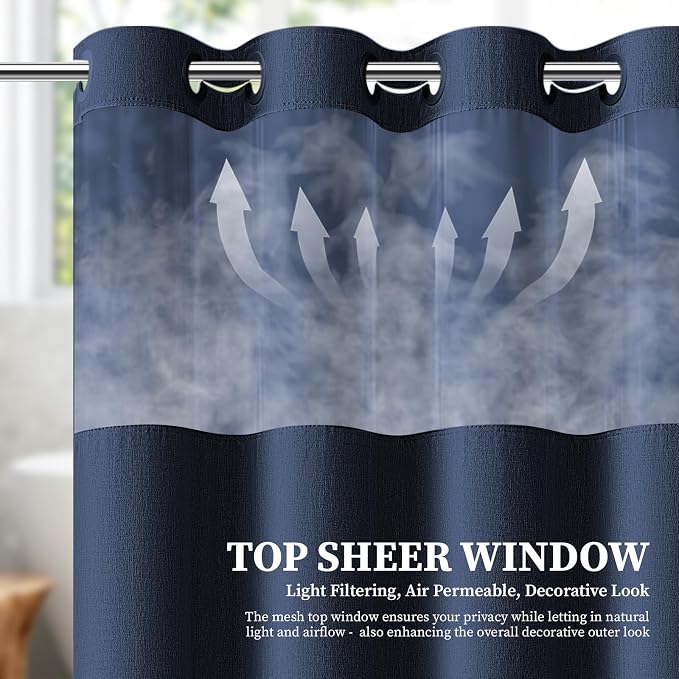 Navy Blue Ringless Linen Look Shower Curtain with Snap in Liner, 72x75 | 3 in 1 Hotel Shower Curtain Set, Removable Liner, Waterproof & Washable, Mesh Top Window, Durable Fabric, Easy to Install