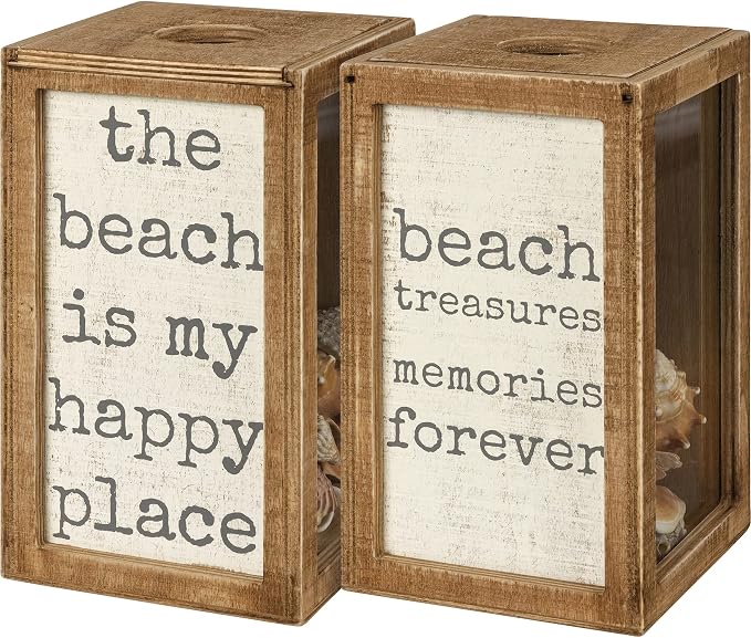 Primitives by Kathy Seashell Holder - Coastal Decor, Glass Display, Treasure Chest, Room and Bedroom Decor, Brown Wood