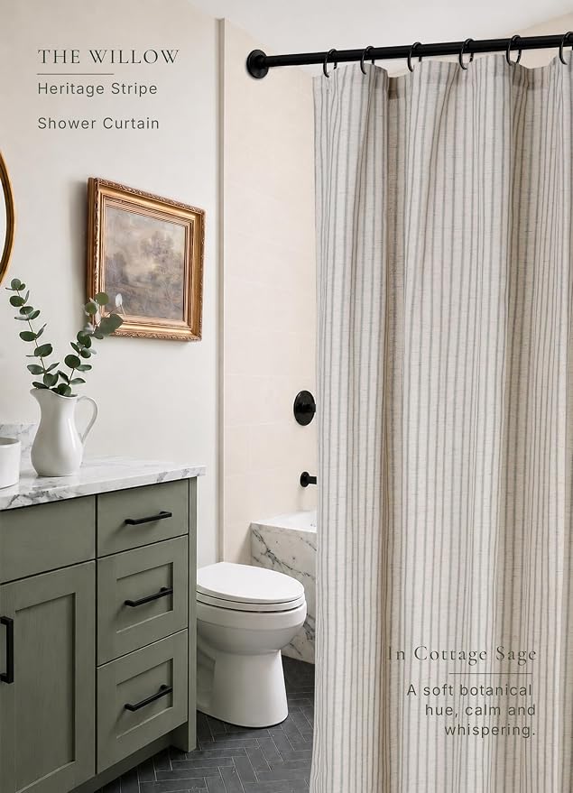 Farmhouse Striped Shower Curtain - Extra Long 72x84 Inches, Linen Blend Fabric, Breathable & Machine Washable, Rustic Sage for Bathroom Decor (Hooks/Liner Not Included)