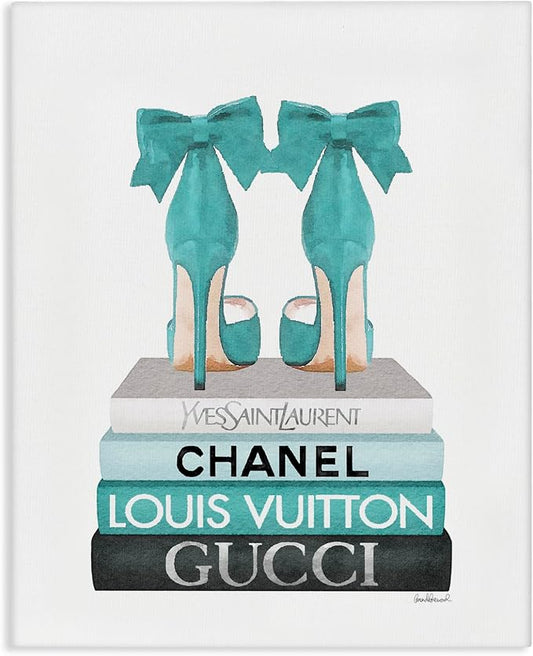 Stupell Industries 'Turquoise Bow Heels on Books', Canvas Art, 30 x 40 Inches, Easy to Hang and Sturdy, Made in USA, by Amanda Greenwood | Stupell Industries | 30 x 40 Inches, Easy to Hang and Sturdy, Made in USA, by Amanda Greenwood
