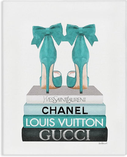 Stupell Industries 'Turquoise Bow Heels on Books', Canvas Art, 36 x 48 Inches, Easy to Hang and Sturdy, Made in USA, by Amanda Greenwood | Stupell Industries | 36 x 48 Inches, Easy to Hang and Sturdy, Made in USA, by Amanda Greenwood
