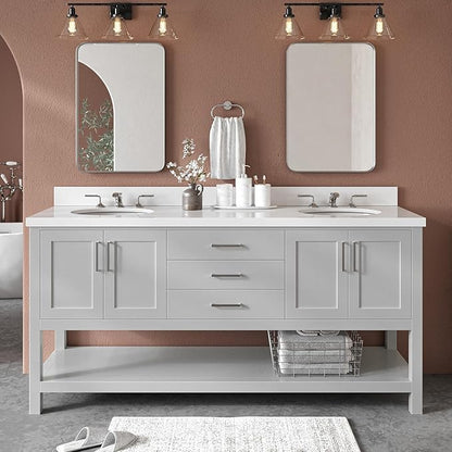 ARIEL Magnolia 72-inch Bathroom Vanity with Sink,Solid Wood, 1.5-inch Pure White Quartz Countertop & Backsplash, Double Oval Porcelain Sink, 4 Soft Closing Doors, 3 Dovetail Drawers, Grey