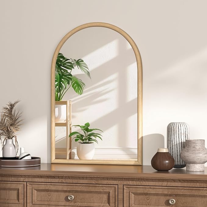 20"x30" Arch Wall Mirror for Wall, Wall Mounted Vanity Mirror for Bedroom, Wood Grain Finish Frame Mirror with Tempered Glass, Vintage Decorative for Bathroom, Entryway, Living Room, Natural