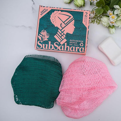 Authentic African Net Sponge, 2 Pack 45-Inch Exfoliating Bath Sponge and Shower Loofah for Body and Back, Colorfast Quick-Dry Knotted Mesh Scrubber with Travel Pouch (Ligh Pink & Teal)