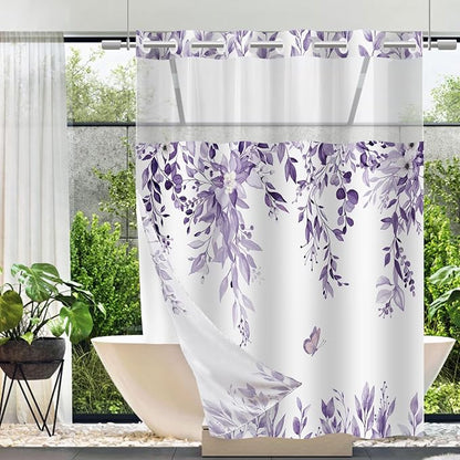 No Hook Shower Curtain and Liner Set, Light Purple Eucalyptus 71x74 | Floral Design, with Snap in Liner, Waterproof, Machine Washable, Quick-Drying, for Hotel Bathroom