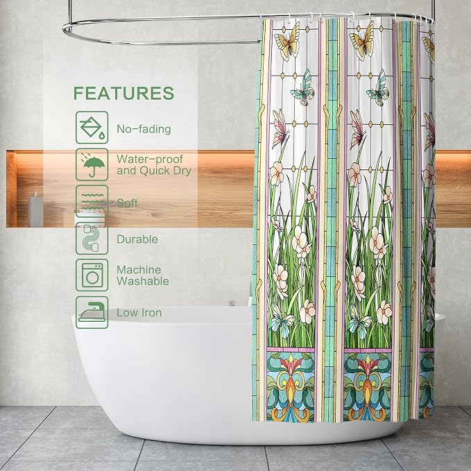 Flower Butterfly Shower Curtain, Glaze Glass Chinese Screen Window Shower Curtain Green Floral Shower Curtain Sets Waterproof Polyester Fabric Machine Washable Home Farmhouse Decor Bath Curtains