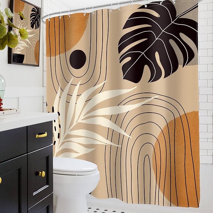 Glawry Boho Yellow Black Shower Curtain Mid Century Abstract Bohemian Tropical Palm Leaf Plant Botanical Bathroom Simple Minimalist 60Wx72L Inches Bath Accessories Art Home Decor Fabric 12 Pack Hook
