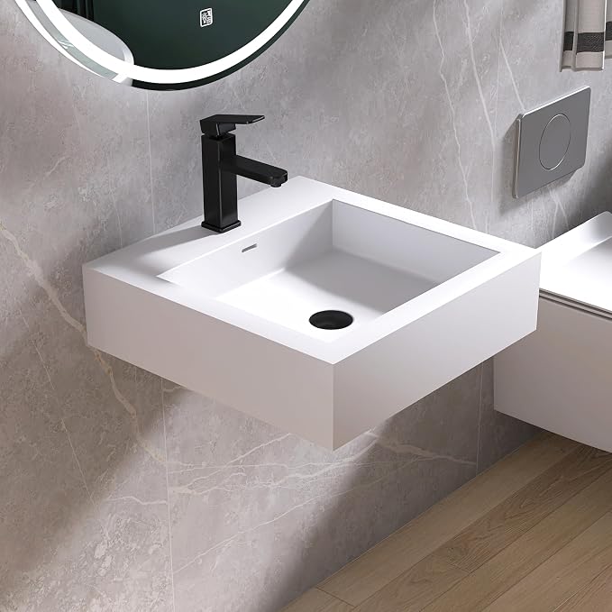 Small Vessel Sink, Stone Resin 19" x 19" Wall Mount Bathroom Sink | Floating Sinks with Overflow, Square Solid Surface Floating Vessel Sinks, White