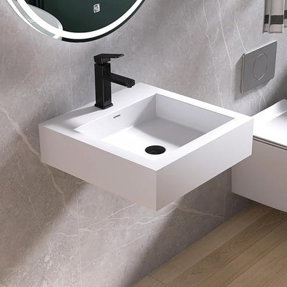 Small Vessel Sink, Stone Resin 19" x 19" Wall Mount Bathroom Sink | Floating Sinks with Overflow, Square Solid Surface Floating Vessel Sinks, White
