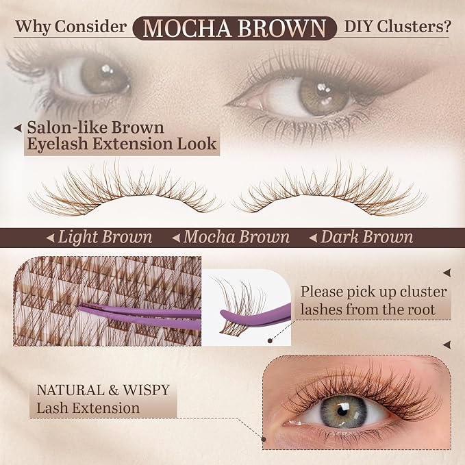 B&Q Brown Lash Clusters, Mocha C Curl Natural Look, 144 Pcs | Brown lash clusters C curl 8-16mm, soft natural look, versatile for all hair colors, DIY daily wear work wedding party travel