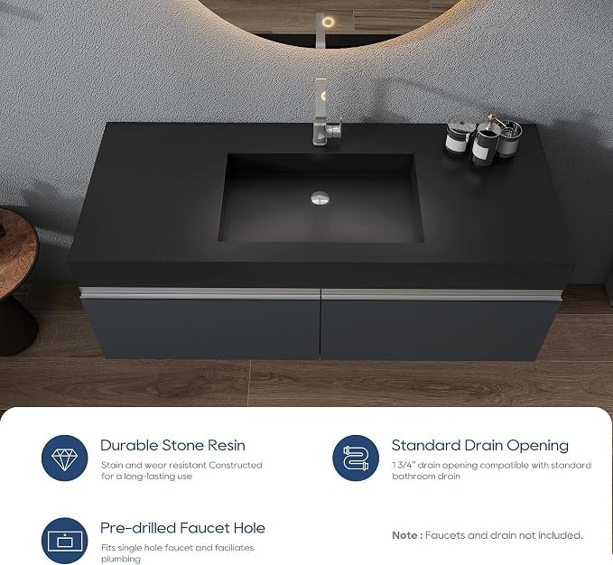SJ Star&Jane 48" x 19" Solid Surface Bathroom Sink, Wall-Mount or Countertop Vessel Sink, Rectangle Floating Vanity Sink in Matte Black, Durable Modern Design