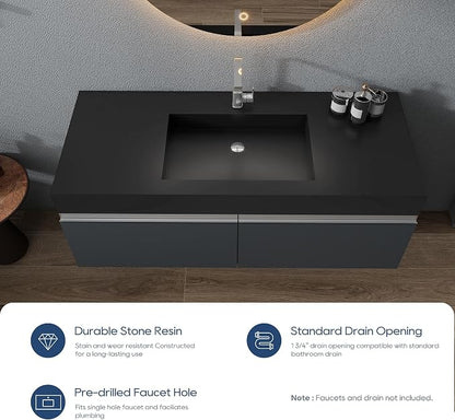 SJ Star&Jane 48" x 19" Solid Surface Bathroom Sink, Wall-Mount or Countertop Vessel Sink, Rectangle Floating Vanity Sink in Matte Black, Durable Modern Design