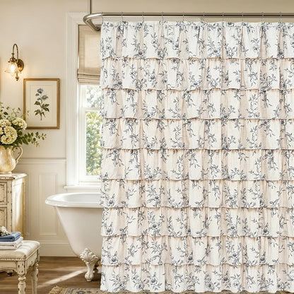 Yinhua Extra Long Farmhouse Ruffle Shower Curtains for Bathroom, 72" Wx90 L | Black Floral Print, Ruflle Design, 12 Metal Hooks, Vintage Rustic Washable Waterproof Shower Curtain for Bathroom Bathtub