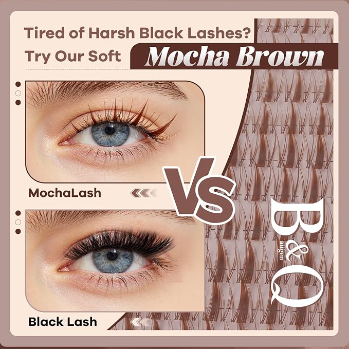 B&Q Brown Fairy Lash Clusters Kit Manga Lashes Clusters, Wispy Light Brown Eyelash Cluster Kit C-Curl 8-16mm DIY Lash Eyelashes for Fair/Dark Hair, Lightweight & Invisible Band(Mochalash Fairy 04 Set)