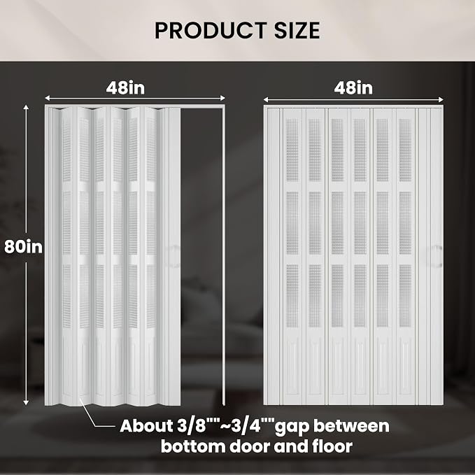 SMARTSTANDARD 48"x 80" Accordion Door with Grid Frosted Acrylic Glass,White | Double Walled PVC Folding Accordion Closet Door for Bedroom Bathroom, Save Space, Full-Side Magnetic Strip, Easy to Install