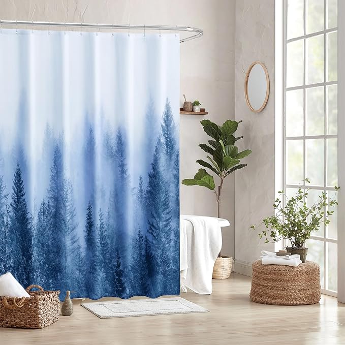 ORTIGIA Blue Shower Curtain for Bathroom, Misty Forest Nature Woodland Shower Curtain Set with Metal Hooks, Decorative Pine Tree Fog Magic Bath Curtain for Home, Waterproof Fabric, Weighted, 72x72