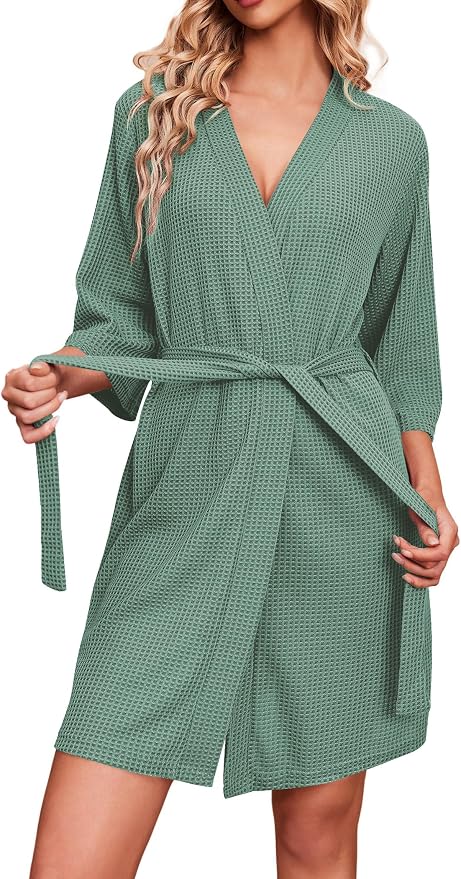 Ekouaer Robes for Women Waffle Knit Bathrobe Soft Lightweight Knee Length Loungewear S-XXL