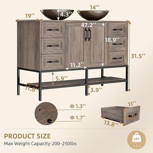 VNN 48 Inch Bathroom Vanity with Sink - Double Sink Bathroom Vanity, Freestanding Cabinet with Open Shelves and 6 Storage Drawers, Modern Iron Wood Cabinet with Countertop Tempered Glass Vessel, Grey