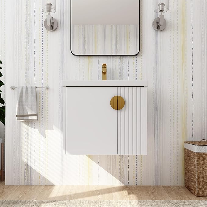 SSLine 24" Wall-Mount Bathroom Vanity Modern Floating Bathroom Vanity Set with Ceramic Sink Basin & Storage Cabinet 24-Inch Luxury White Small Bathroom Vanities with Round Metal Handles