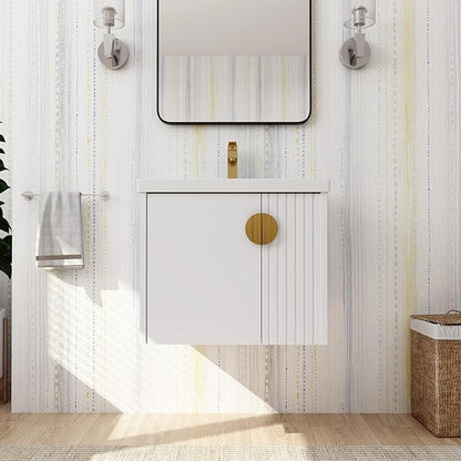SSLine 24" Wall-Mount Bathroom Vanity Modern Floating Bathroom Vanity Set with Ceramic Sink Basin & Storage Cabinet 24-Inch Luxury White Small Bathroom Vanities with Round Metal Handles