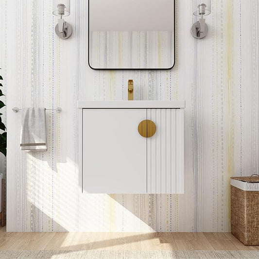 SSLine 24" Wall-Mount Bathroom Vanity Modern Floating Bathroom Vanity Set with Ceramic Sink Basin & Storage Cabinet 24-Inch Luxury White Small Bathroom Vanities with Round Metal Handles