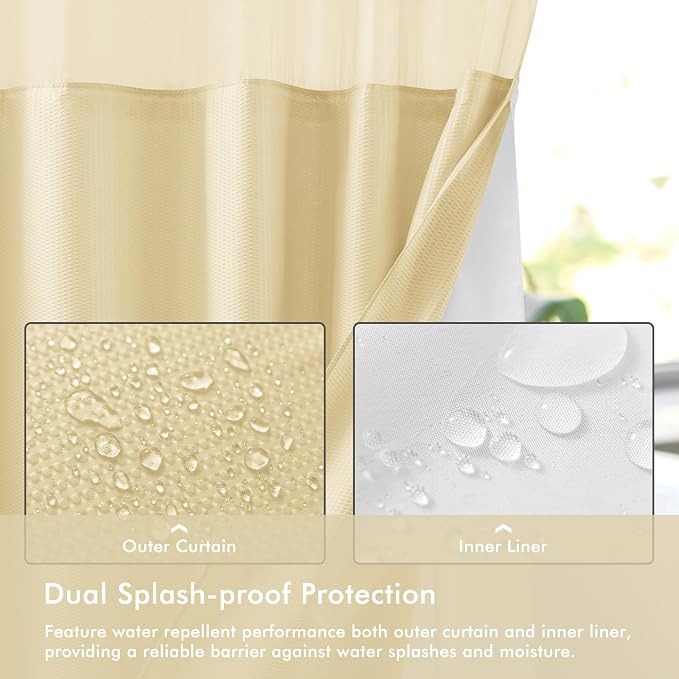 No Hook Shower Curtain with Snap-in Fabric Liner 71x74, Beige | Embossed Waffle-Look Textured, Sheer Window, Soft & Lightweight, Water Repellent Fabric Shower Curtain for Bathroom