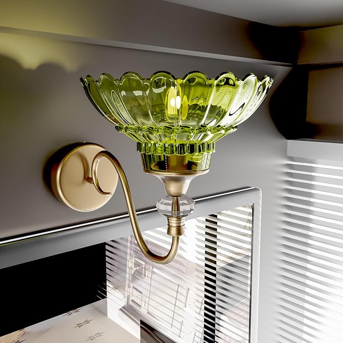 1-Light Copper Vintage Vanity Light with Green Crystal Glass Shade | Wall Sconce Fixtures Bathroom Wall Lamp for Mirror Bathroom Kitchen Living Room Porch Vanity Bedroom