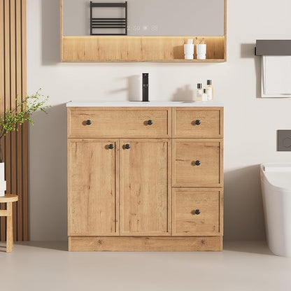 LUCKWIND 36" Bathroom Vanity Sink Combo, Modern Bathroom Cabinet with Undermount Solid Surface Vanity Sink, Soft-Close Hinges & Water-Saving Faucet, Natural