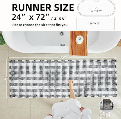 TYUU Waffle Runner Rug Bathroom, Long Boho Bath Mat, 72x24 Black & White | Super Absorbent Quick Dry Bath Rug, Non-Slip Backing, Soft Waffle Washable Farmhouse Bathroom Mats, Tub, Shower & Home Decor
