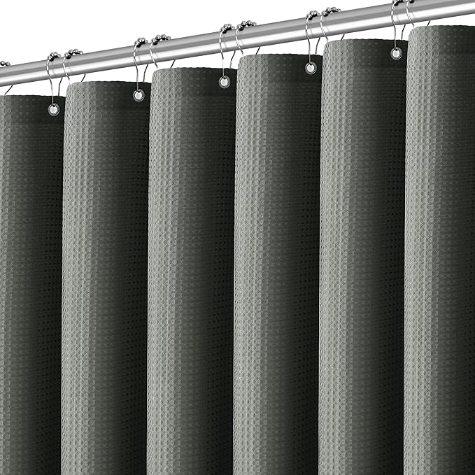 Extra Long Waffle Weave Shower Curtain 96 Inch Length Heavy Duty Shower Curtain for Bathroom, Machine Washable Water Resistant 256GSM Modern Shower Curtains with 12 Hooks, 72Wx96H Grey