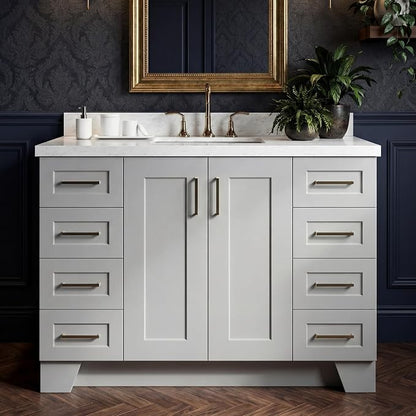 Emilia 48-Inch Bathroom Vanity with Sink — Grey Single Sink Bathroom Vanity, 1.5" Edge Italian Carrara Marble Top, Solid Wood, 2 Soft Closing Doors, 9 Dovetail Drawers