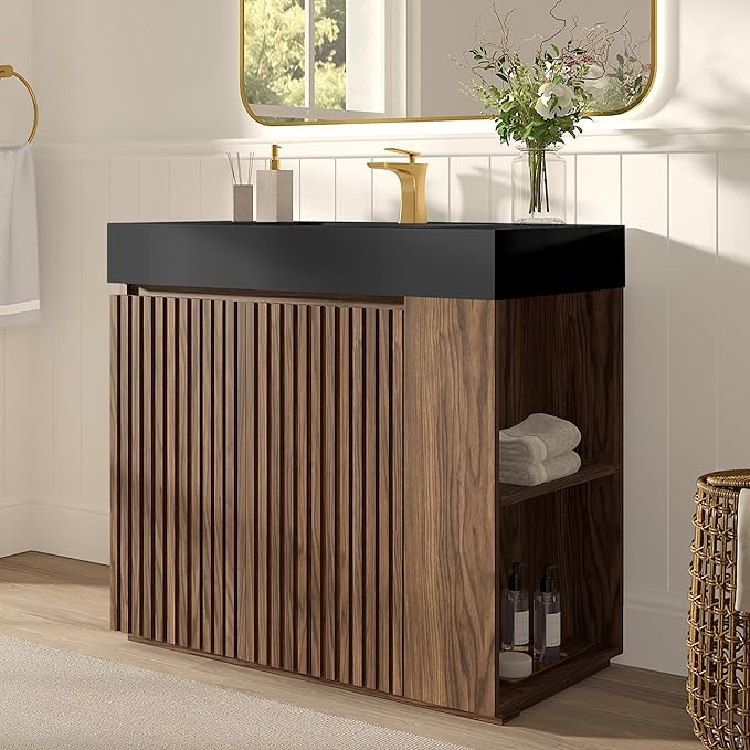 36" Bathroom Vanity with Sink, Freestanding Single Sink Bathroom Vanity with Black Engineered Stone Top & Open Side Storage, Soft-Closing Doors with Adjustable Shelf, Walnut