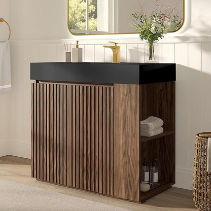 36" Bathroom Vanity with Sink, Freestanding Single Sink Bathroom Vanity with Black Engineered Stone Top & Open Side Storage, Soft-Closing Doors with Adjustable Shelf, Walnut