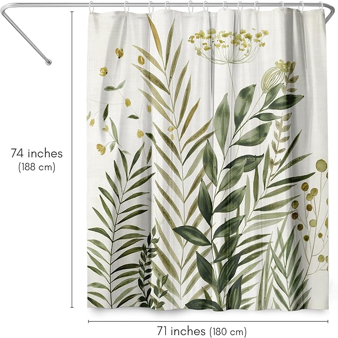 Americanflat 71x74 Botanical Shower Curtain - Water-Resistant Long Shower Curtain with Durable Metal Grommets and 12 Hooks - 100% Polyester - Ivory, Muted Yellow and Green Bathroom Curtains