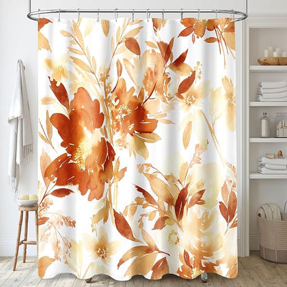 Extra Long Shower Curtain 72 x 84 Inch, Tall Orange Fall Floral Decor | Burnt Orange Fall Watercolor Floral Modern Abstract Flower Bathroom Fabric Shower Curtain Set with Hooks