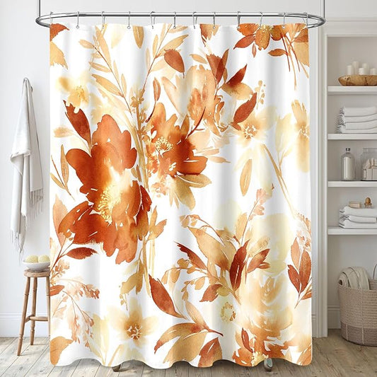 Extra Long Shower Curtain 72 x 84 Inch, Tall Orange Fall Floral Decor | Burnt Orange Fall Watercolor Floral Modern Abstract Flower Bathroom Fabric Shower Curtain Set with Hooks