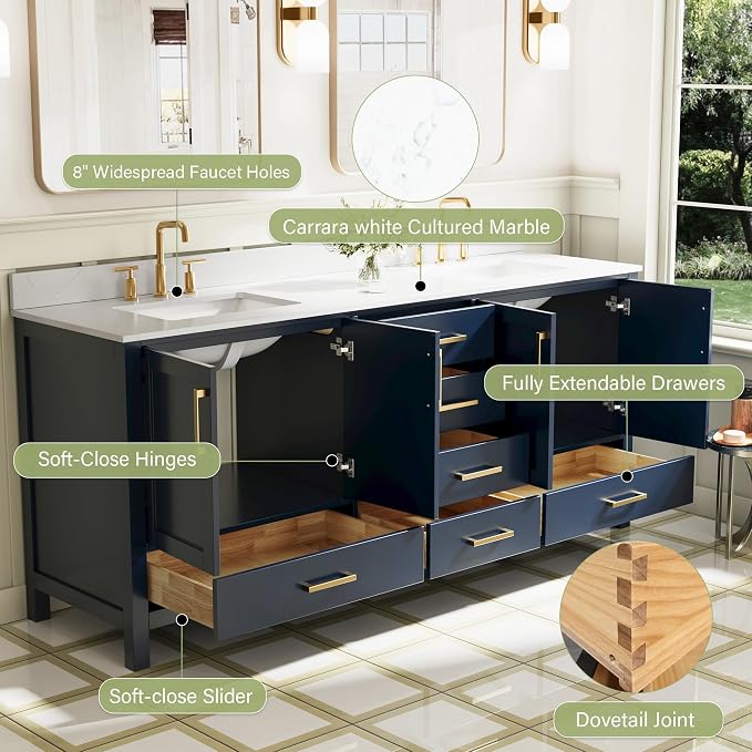 80-Inch Bathroom Vanity with Sink, 4 Soft-Close Doors and 6 Soft-Close Drawers, Bathroom Freestanding Vanity with Cultured Marble Countertop, Navy Blue Vanity W/Gold Handles