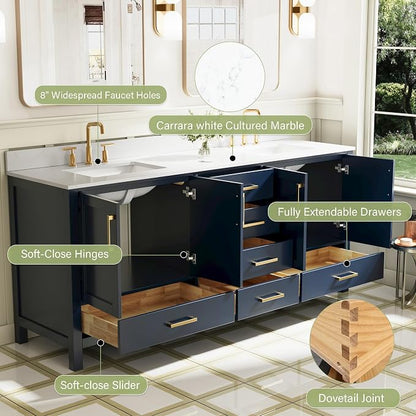 80-Inch Bathroom Vanity with Sink, 4 Soft-Close Doors and 6 Soft-Close Drawers, Bathroom Freestanding Vanity with Cultured Marble Countertop, Navy Blue Vanity W/Gold Handles