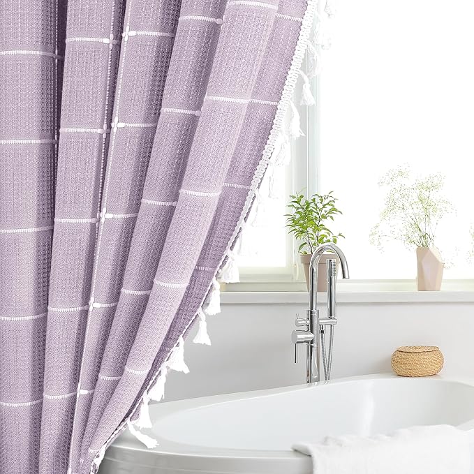 Lavender Boho Farmhouse Shower Curtain for Bathroom 72x72 | 320 GSM French Country Plaid Tassel Shower Curtain, Rustic Aesthetic Bathroom Decor Windows Curtain