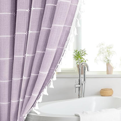 Lavender Boho Farmhouse Shower Curtain for Bathroom 72x72 | 320 GSM French Country Plaid Tassel Shower Curtain, Rustic Aesthetic Bathroom Decor Windows Curtain