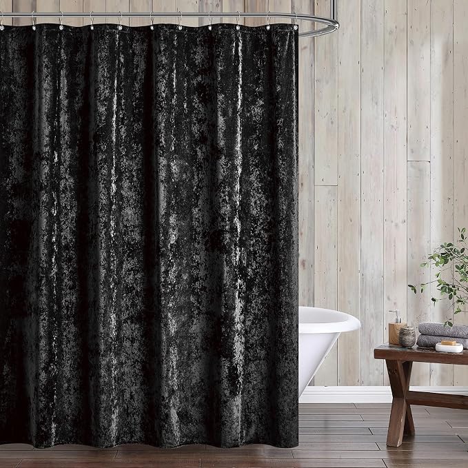 Fredsure Distressed Velvet Shower Curtain Set, 13 Pieces Black Including 1 Piece 72"x72" Shower Curtain and 12 Pieces Silver Hooks