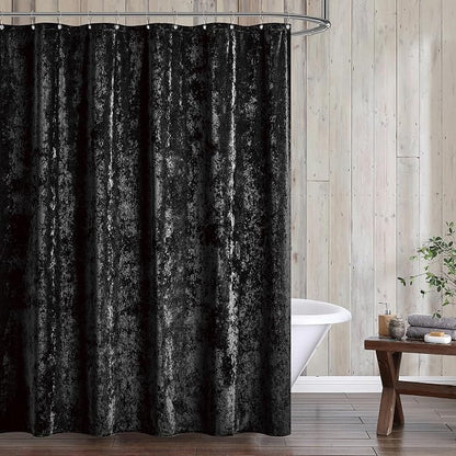 Fredsure Distressed Velvet Shower Curtain Set, 13 Pieces Black Including 1 Piece 72"x72" Shower Curtain and 12 Pieces Silver Hooks