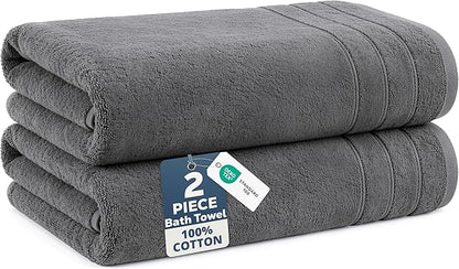 Casa Platino 100% Cotton Bath Towels Set of 2 (30"x60") - Ring Spun Mercerized Cotton Bathroom Towel Sets - Quick Dry, Soft & Absorbent Grey Towels Set - Pre Shrunk, Fade Resistant - Ultimate Grey
