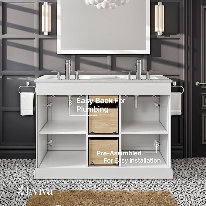 Eviva Epic 48 in. White Double Sink Bathroom Vanity with White Carrara Quartz Countertop