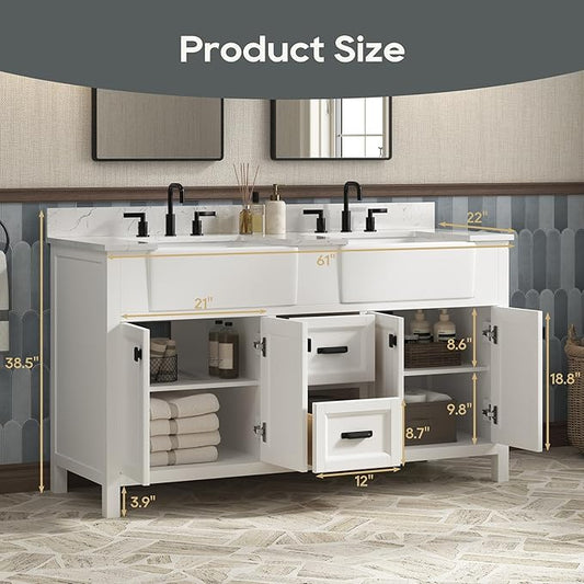 60 Inch Bathroom Vanity with Double Sink, Farmhouse Bathroom Vanity Cabinet with Soft Closing Doors & Dovetail Drawers, Vanity for Bathroom, Adjustable Feets, Apron Farm Sink, White