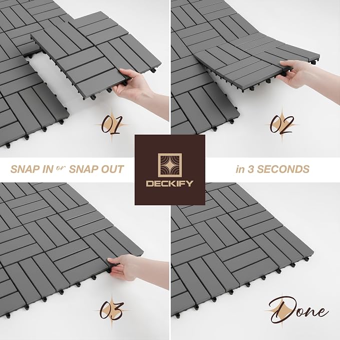 Acacia Interlocking Deck Tiles Outdoor Waterproof All Weather Grey Crossed | Raised Drainage Base, 12x12 In, Trimmable, Oil-Rubbed Finish, No Tools or Sealant Required, Weather-Resistant, Washable