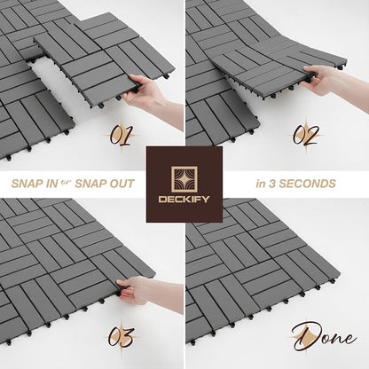 Acacia Interlocking Deck Tiles Outdoor Waterproof All Weather Grey Crossed | Raised Drainage Base, 12x12 In, Trimmable, Oil-Rubbed Finish, No Tools or Sealant Required, Weather-Resistant, Washable