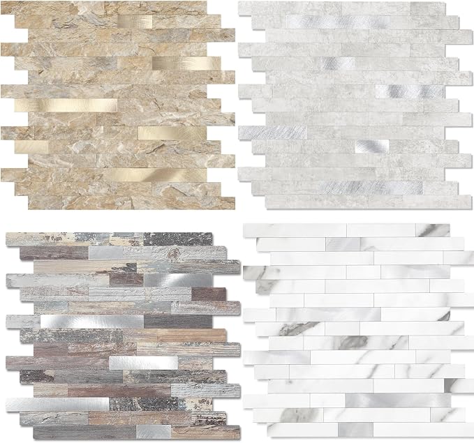 Yipscazo 2026 New Upgrade 11.34" X 11.57" Peel and Stick Backsplash, Stick on Backsplash Tiles for Kitchen, Bathroom, Fireplace (10 Sheets, Beige Rocks + Rose Gold)
